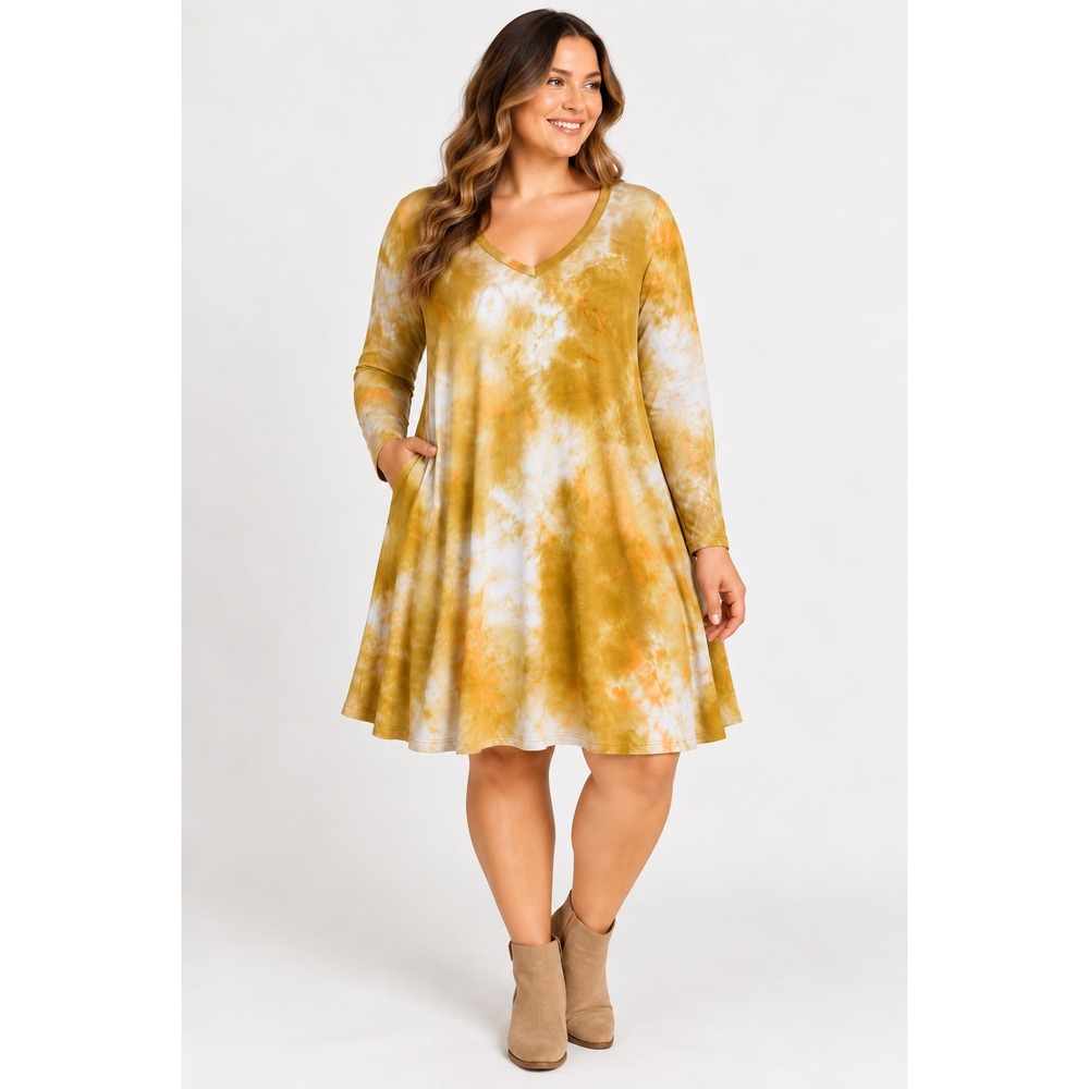 Rae Mode Mustard Tie-Dye Long Sleeve Dress – Size 1XL – NWOT